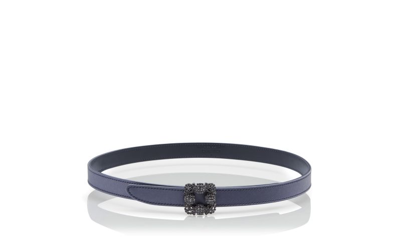 Side view of Hangisi belt mini, Blue-Grey Satin Crystal Buckled Belt - US$915.00