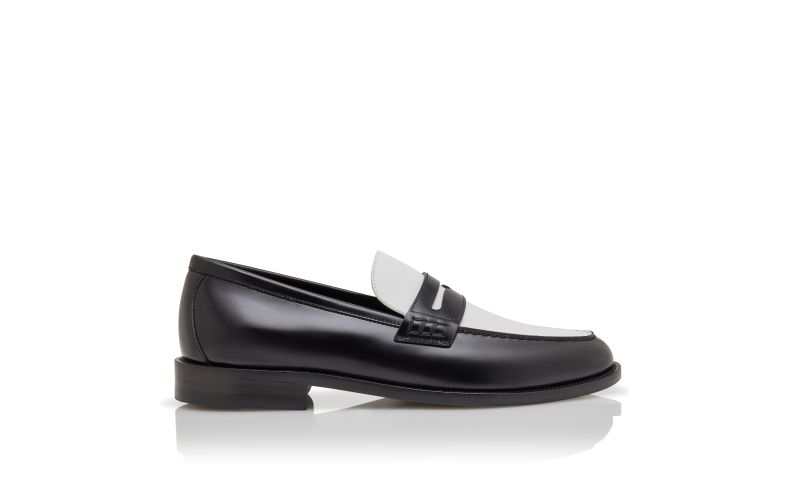 Side view of Perry, Black and White Calf Leather Penny Loafers - US$1,045.00